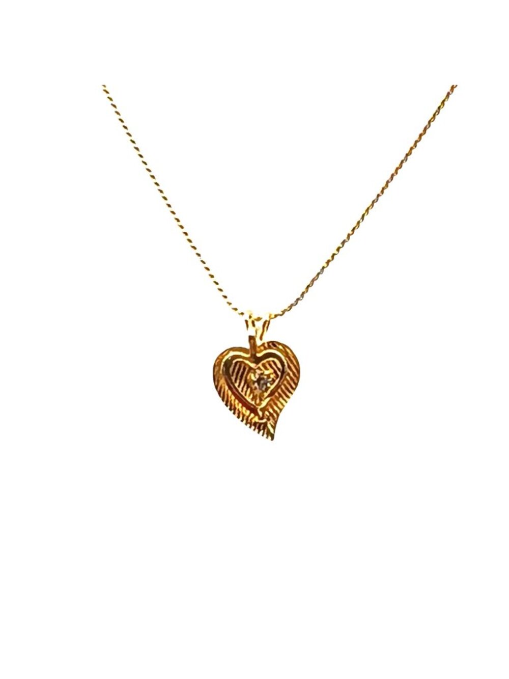 Gold-Tone Heart Pendant Necklace With Textured Design & Rhinestone Accent